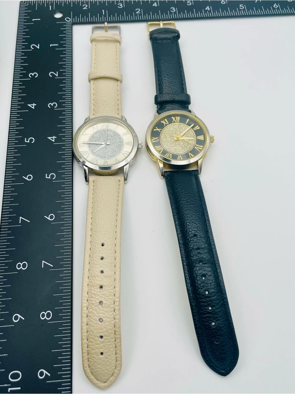 2 Manhattan by Croton Silver Glitter Dial Watches w/ Roman Numbers Black & Cream